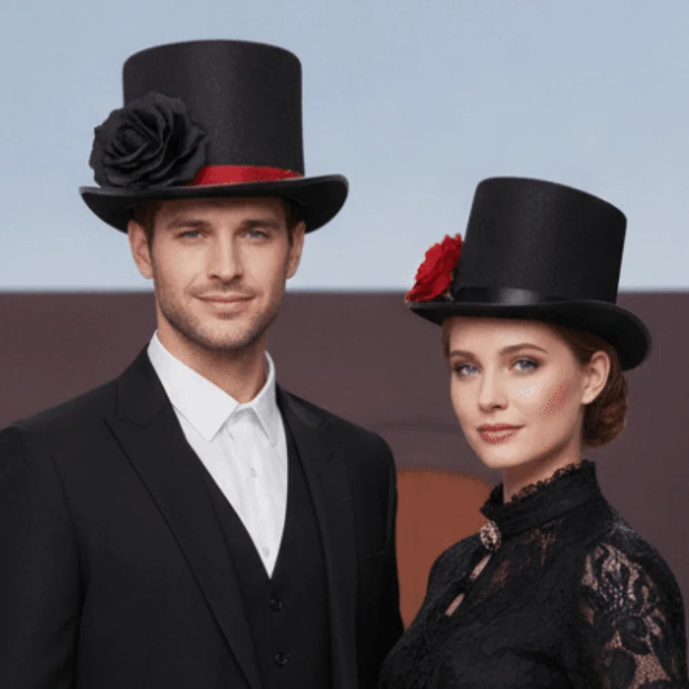 Gothic Top Hat with Artificial Rose – Black & Red Magician Fedora Gothic Costume Hat Babs
