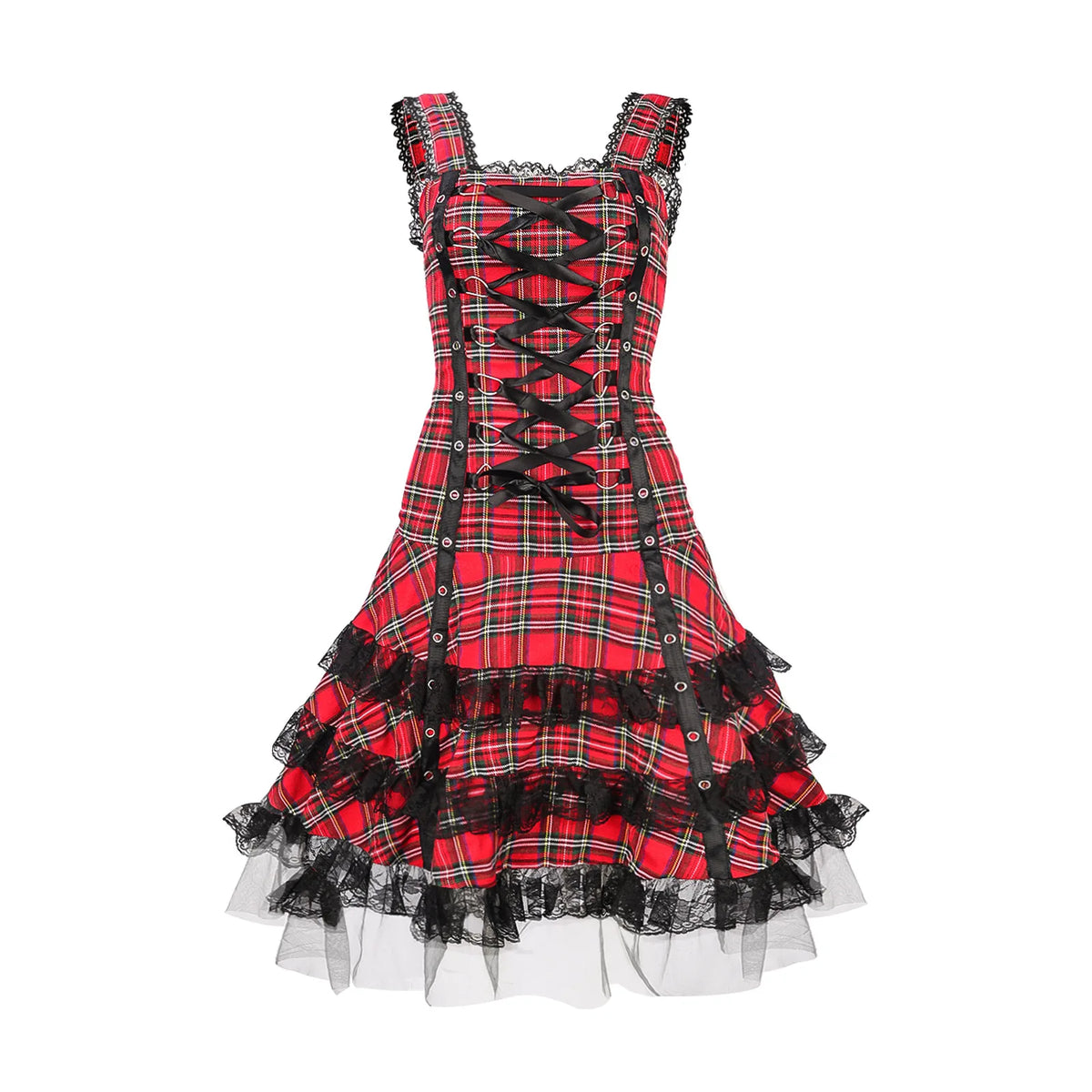 Lolita Gothic Plaid Midi Dress – Lace Ruffle Cosplay Costume Gothic Lolita Dress Babs red XL China Mainland