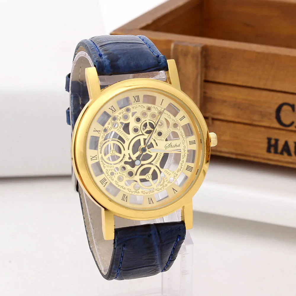 Men's Skeleton Quartz Watch | Leather Strap, Roman Numeral Dial Men's Quartz Watch Babs E