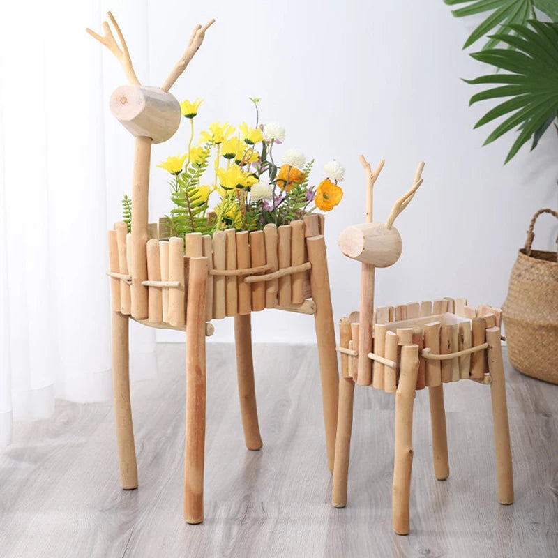 Log Deer Wooden Flower Pot – Modern Indoor Decorative Planter Decorative Wood Planter Babs