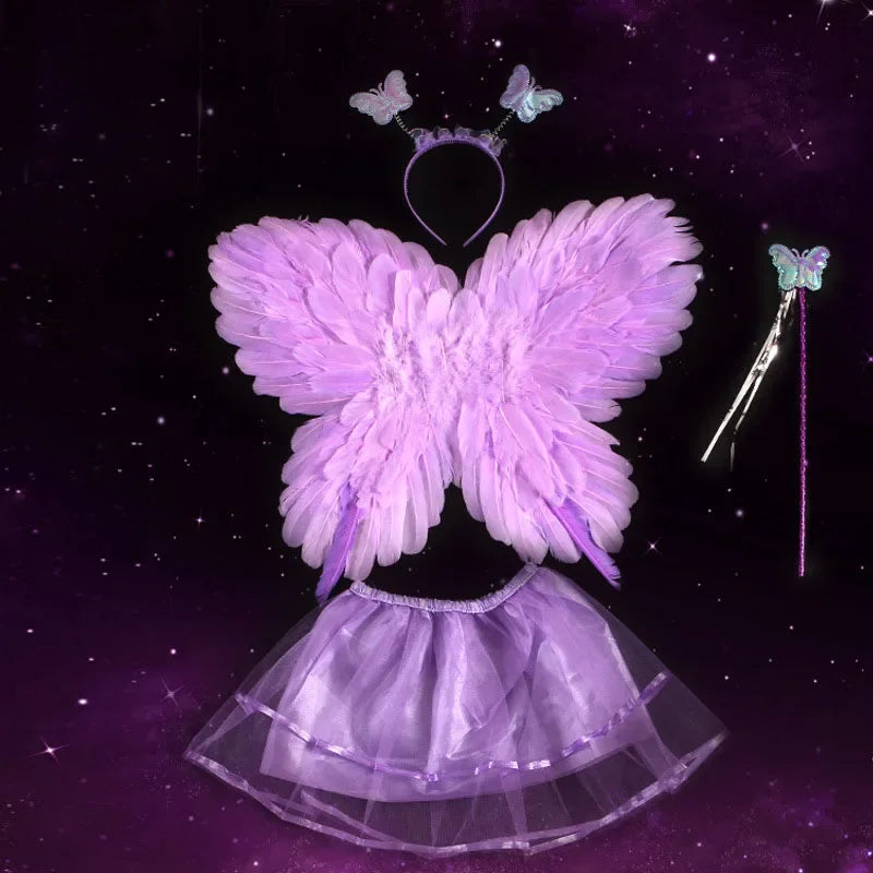 Girls Fairy Butterfly Feather Wings Costume Set with Skirt & Wand Kids Fairy Costume Set Babs purple