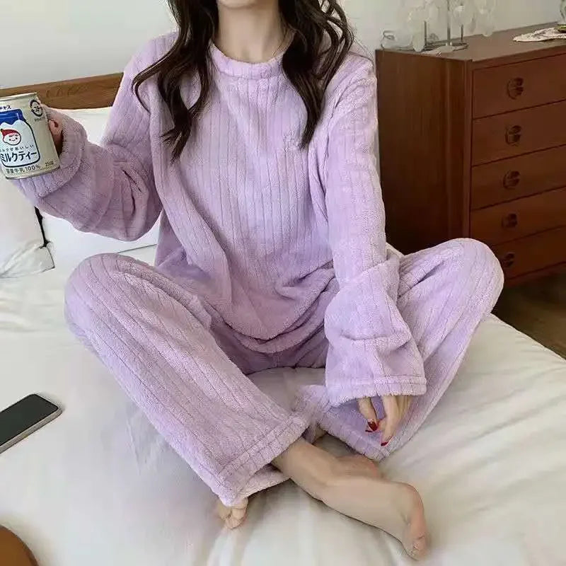 Women's Coral Fleece Flannel Pajama Set – Cozy Winter Loungewear Fleece Pajama Set Babs Purple 1PC One SIze
