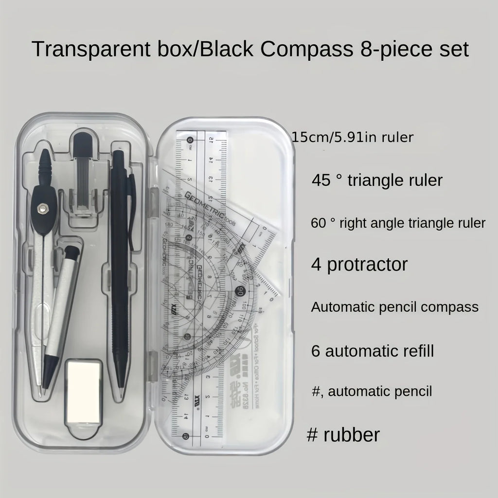 8-Piece Geometry Set – Compass, Protractor, Ruler & Pencil Kit Geometry Drawing Set Babs Light Grey