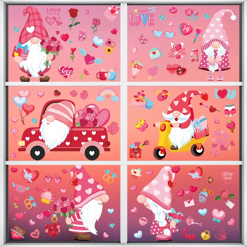 9-Sheet Valentine's Gnome & Heart Window Stickers Decals Window Stickers Babs