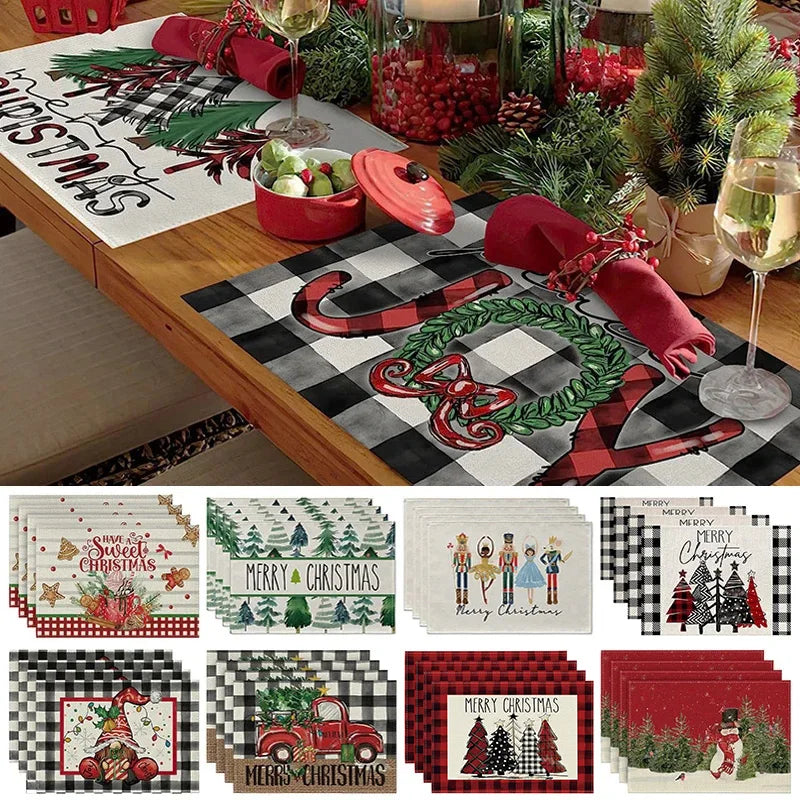 4Pcs Christmas Linen Placemats Set – Elk & Tree Table Mats Linen Placemats Set Babs