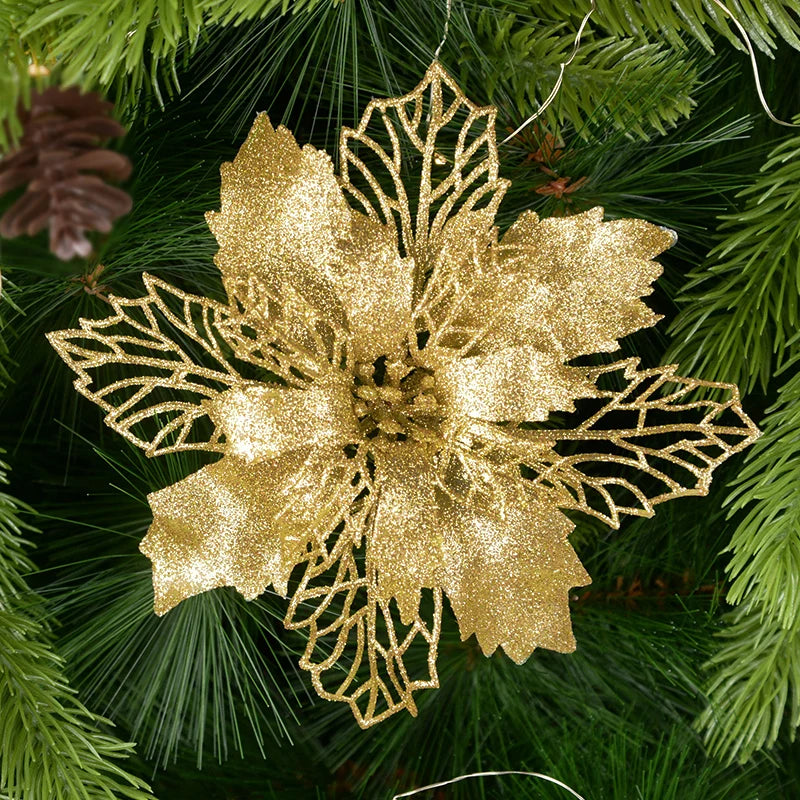 5pcs Glitter Artificial Christmas Flowers – Tree & Home Decor Christmas Floral Picks Babs gold 9cm
