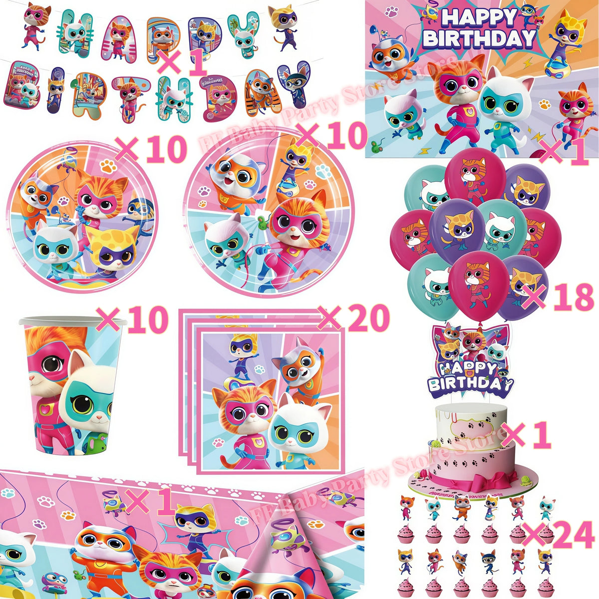 Cat Kitty Birthday Party Supplies – Plates, Cups & Balloons Set Party Supply Kit Babs 96pcs
