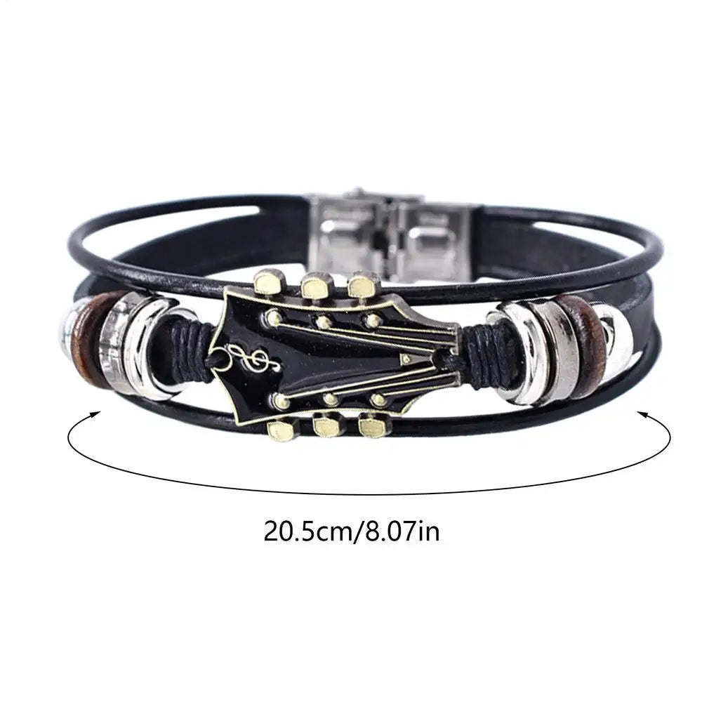 Retro Punk Guitar Charm Bracelet – Braided PU Leather Wrap Charm Wrap Bracelet Babs Black
