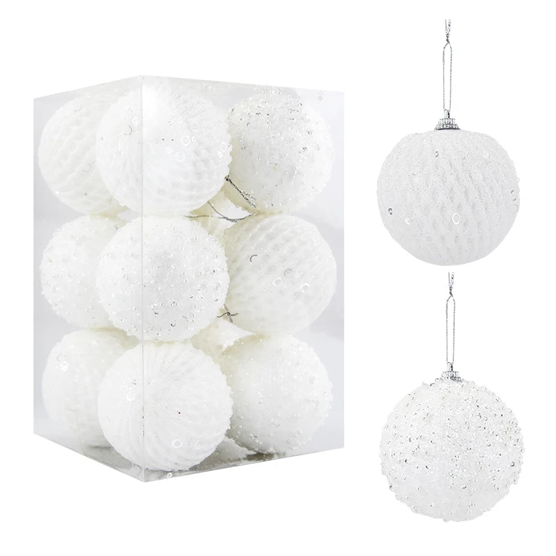12Pcs 8cm Glitter Christmas Ball Ornaments White & Red Christmas Ball Ornaments Babs White 8cm