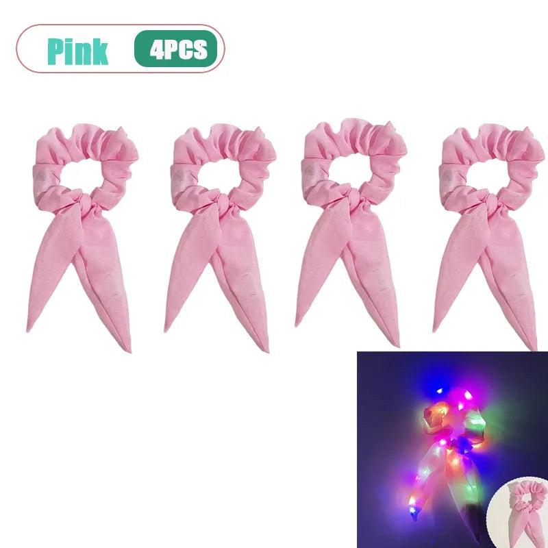 LED Light-Up Bow Scrunchie Glowing Hair Tie | Party Festival LED Hair Accessory Babs Pink-4pcs