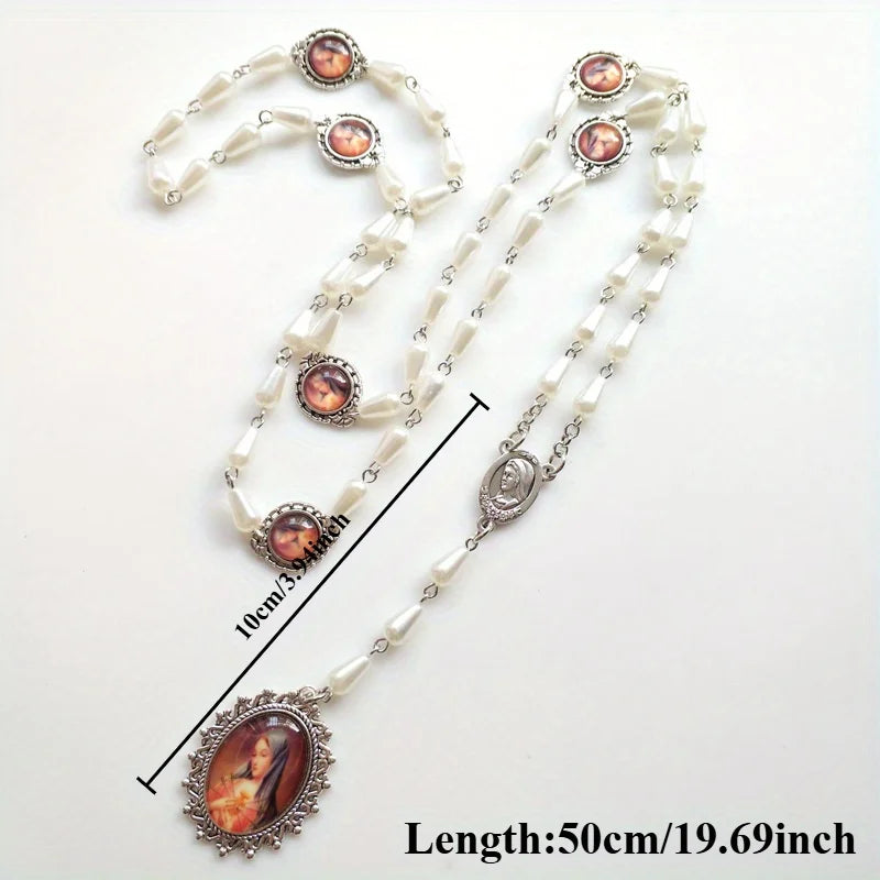 Seven Sorrows White Rosary Necklace – Virgin Pendant Jewelry Rosary Necklace Babs