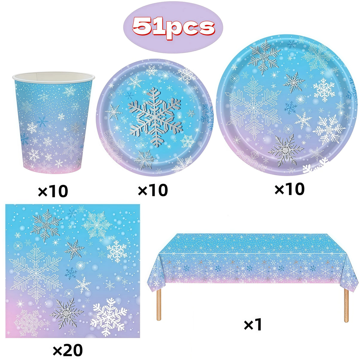 Snowflake Party Supplies – Cups, Plates, Napkins & Tablecloth Party Tableware Set Babs 51pcs others