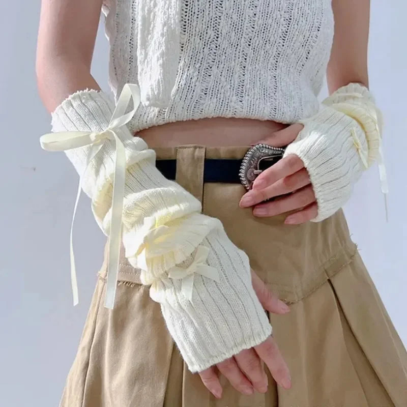 Y2K Bow Knit Arm Warmers – Women's Half Finger Mittens Knit Arm Warmers Babs Beige