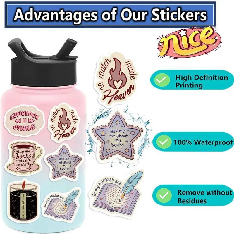 50PCS Bookish Stickers Pack – Book Lover PVC Decals Decorative Sticker Pack Babs