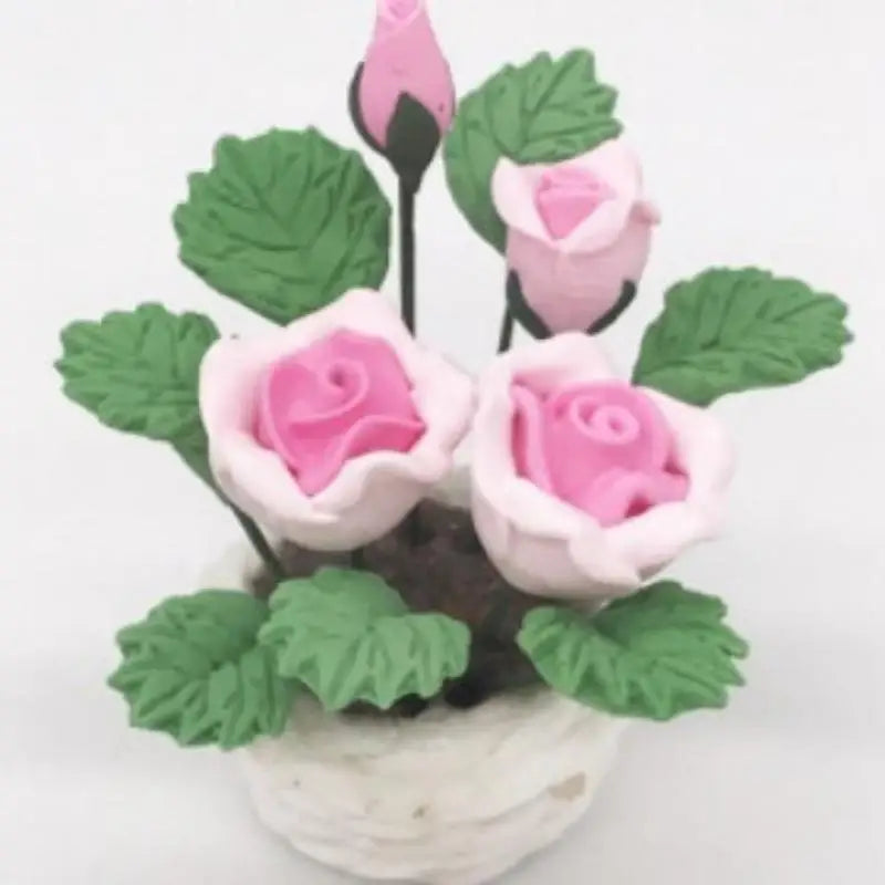 Miniature Red Rose Potted Plant – Resin Simulation Flower Decor Miniature Plant Decor Babs Pink