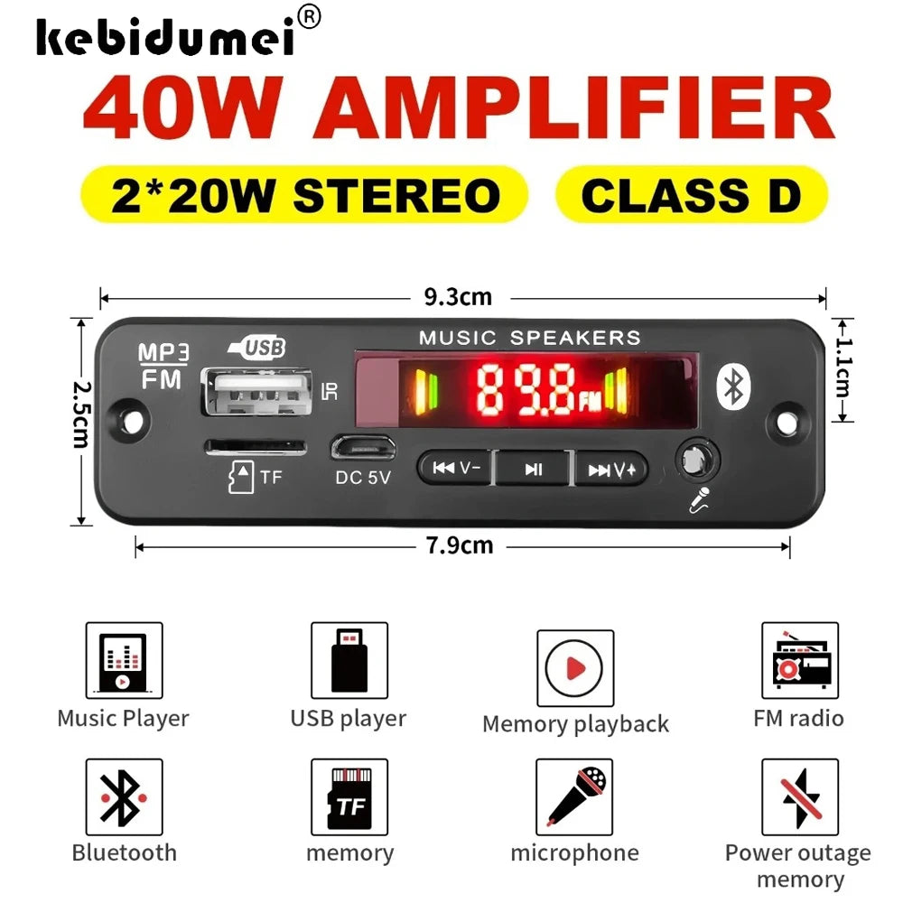 KEBIDUMEI Bluetooth 5.0 MP3 Decoder Board 40W Amplifier FM Radio MP3 Amplifier Board Babs