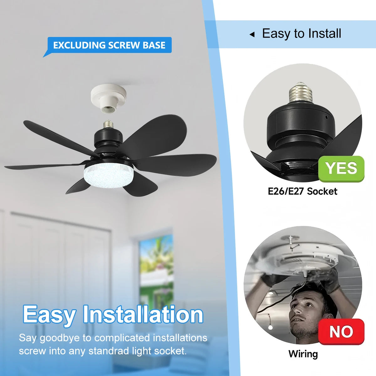 E27 Socket Ceiling Fan with LED Light & Remote Control Ceiling Fan Light Babs