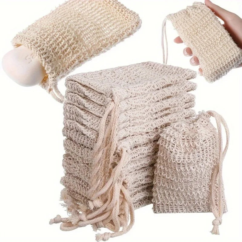 10-Pack Sisal Soap Saver Pouches with Drawstring & Wooden Bead Soap Saver Pouch Babs