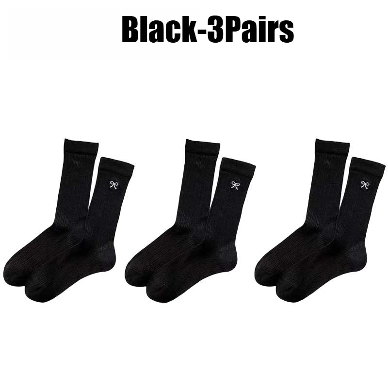 Bowknot Mesh Stacked Socks Korean Preppy Mid-Calf 1-5 Pairs Fashion Socks Babs Black-3Pairs 35-39