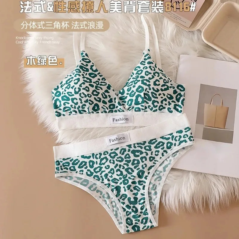 Women's Leopard Print Wire-Free Bra & Brief Set | Seamless Bra & Brief Set Babs Green One Size
