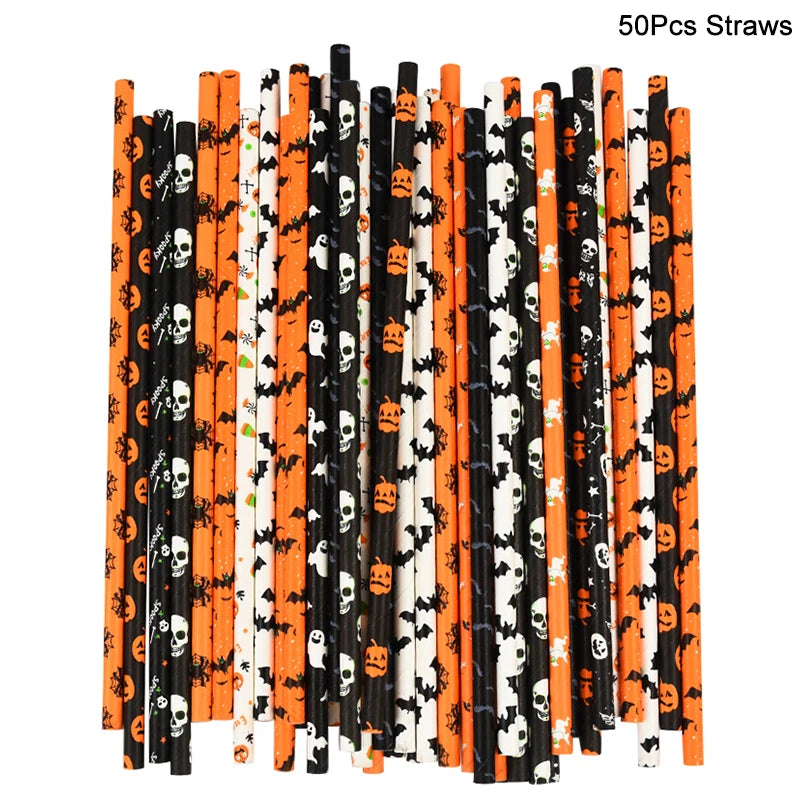 Halloween Paper Straws 25/50pcs – Pumpkin, Bat & Ghost Halloween Paper Straws Babs 50pcs