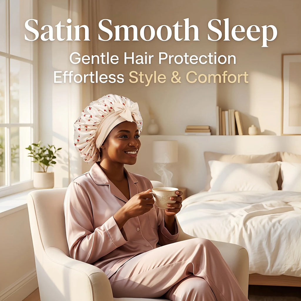 Satin Sleep Bonnet Cherry Print Lace-Up Hair Care Night Cap Satin Sleep Bonnet Babs