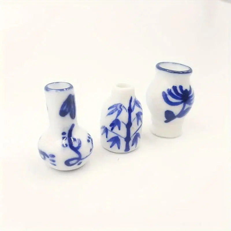 Mini Blue & White Porcelain Vase Set – Dollhouse Décor 3pc Dollhouse Ceramic Ornament Babs