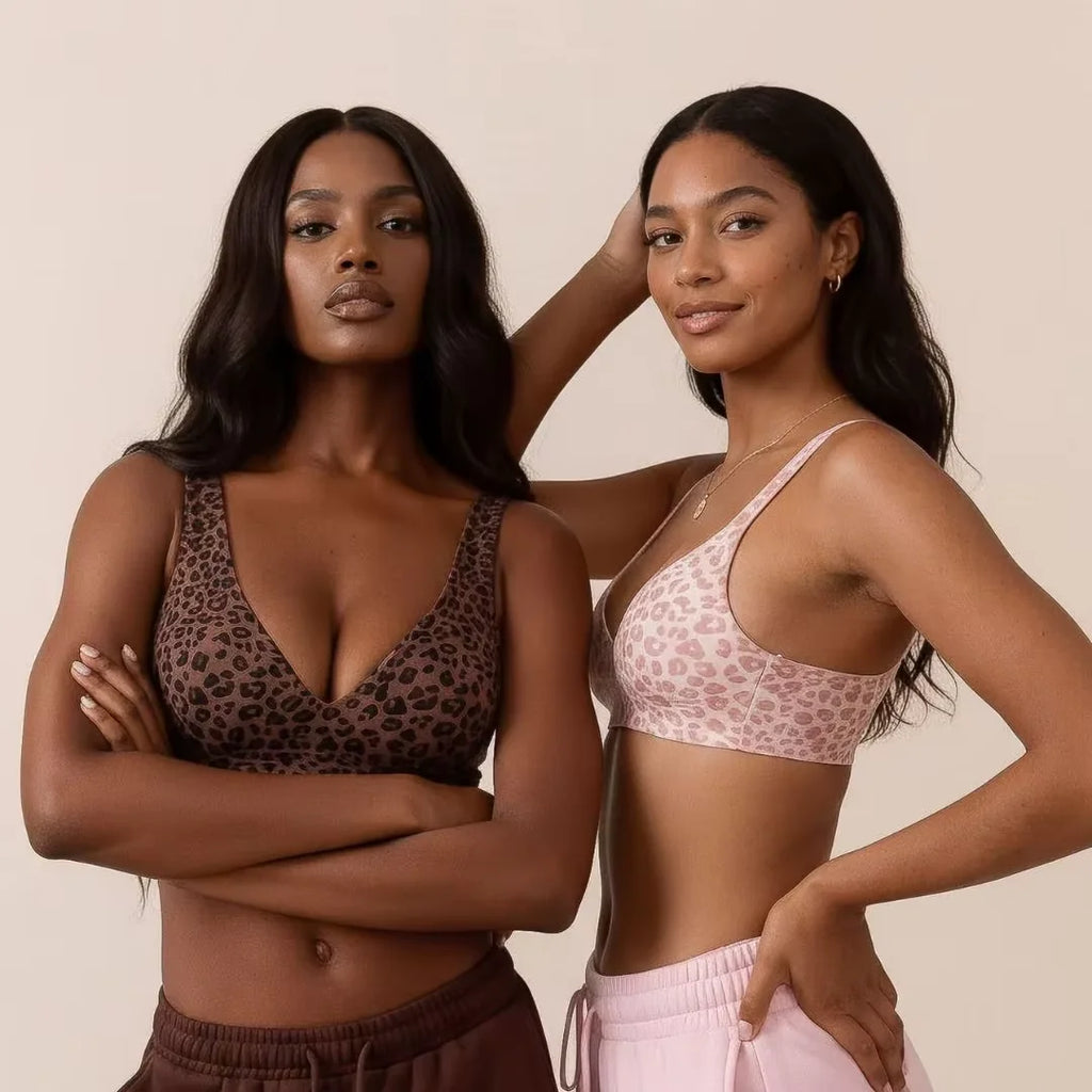 Pink Leopard Deep V Push Up Wireless Bra | Seamless Bralette Wireless Push Up Bra Babs