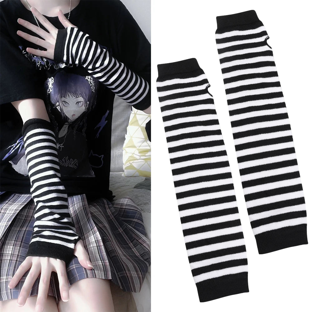 Y2K Gothic Fingerless Arm Warmers – Striped Punk Elbow Gloves Fingerless Arm Warmers Babs