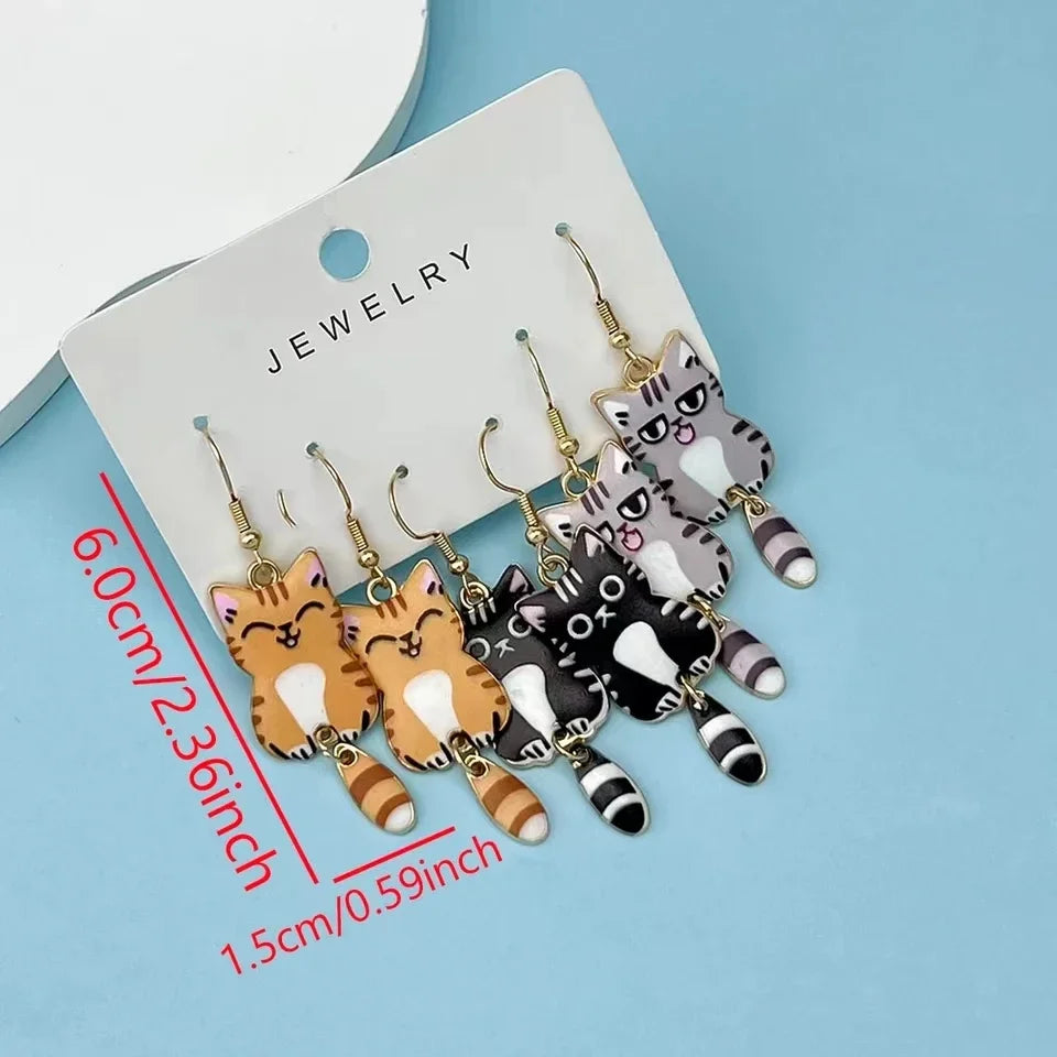Cute Cat Dangle Earrings Set – 3 Pairs Enamel Gold Alloy Dangle Earrings Set Babs