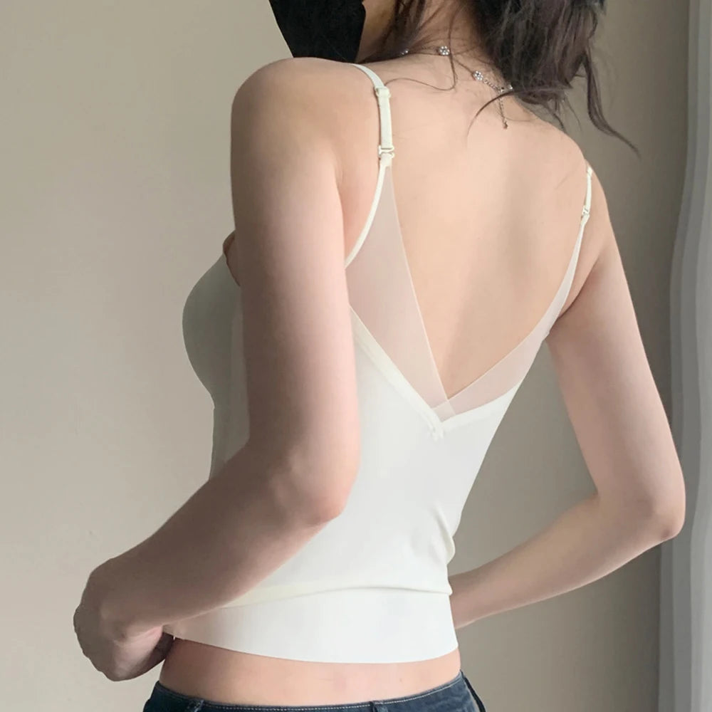 Women's Satin Crop Camisole with Built-In Bra – Backless V-Neck Satin Camisole Top Babs