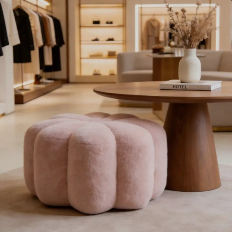 Petal Shaped Luxury Low Stool – Lambswool, Modern Minimalist Decorative Low Stool Babs