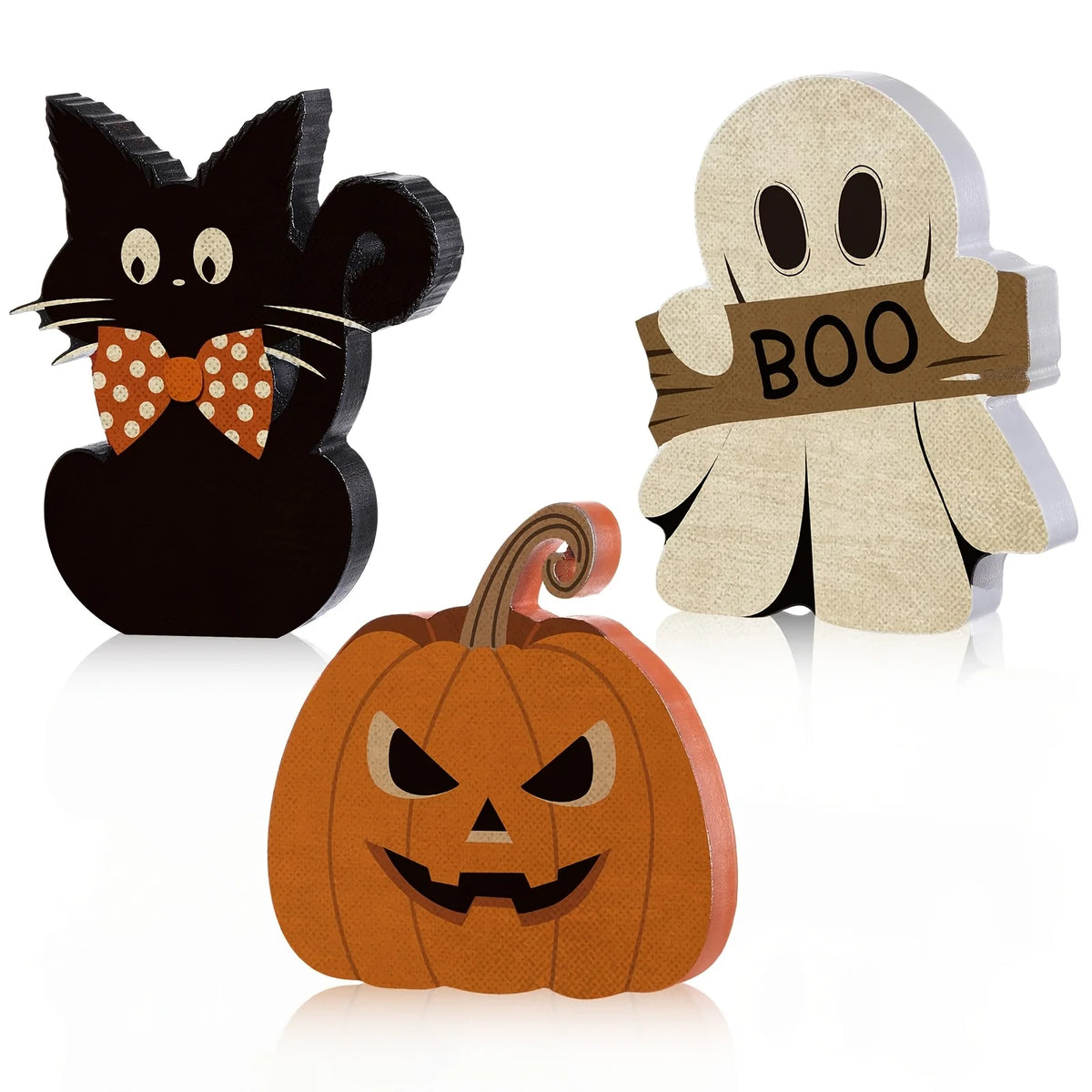 Halloween Wooden Table Decor Set – Black Cat, Pumpkin & Ghost Halloween Table Decor Babs 3pcs
