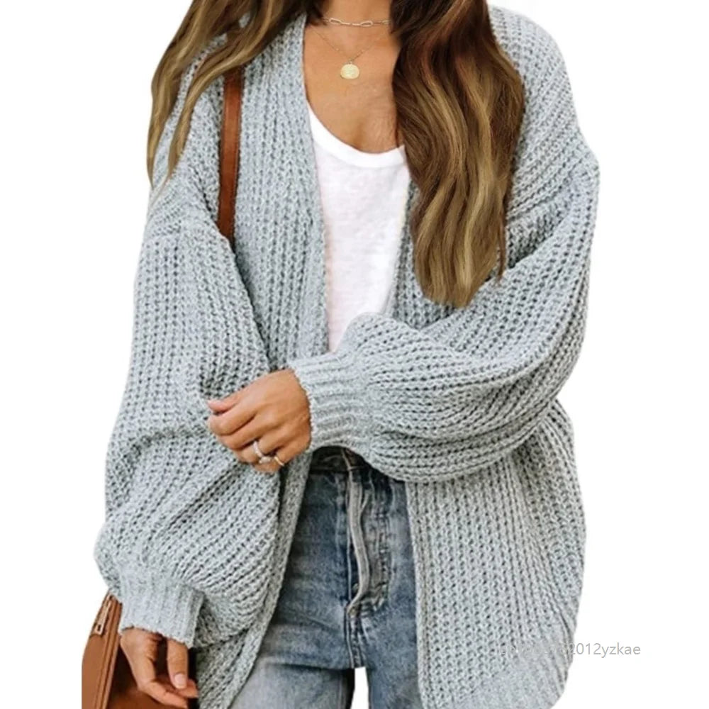 Women's Lantern Sleeve Thick-Knit Cardigan – Loose V-Neck Coat Knit Cardigan Sweater Babs