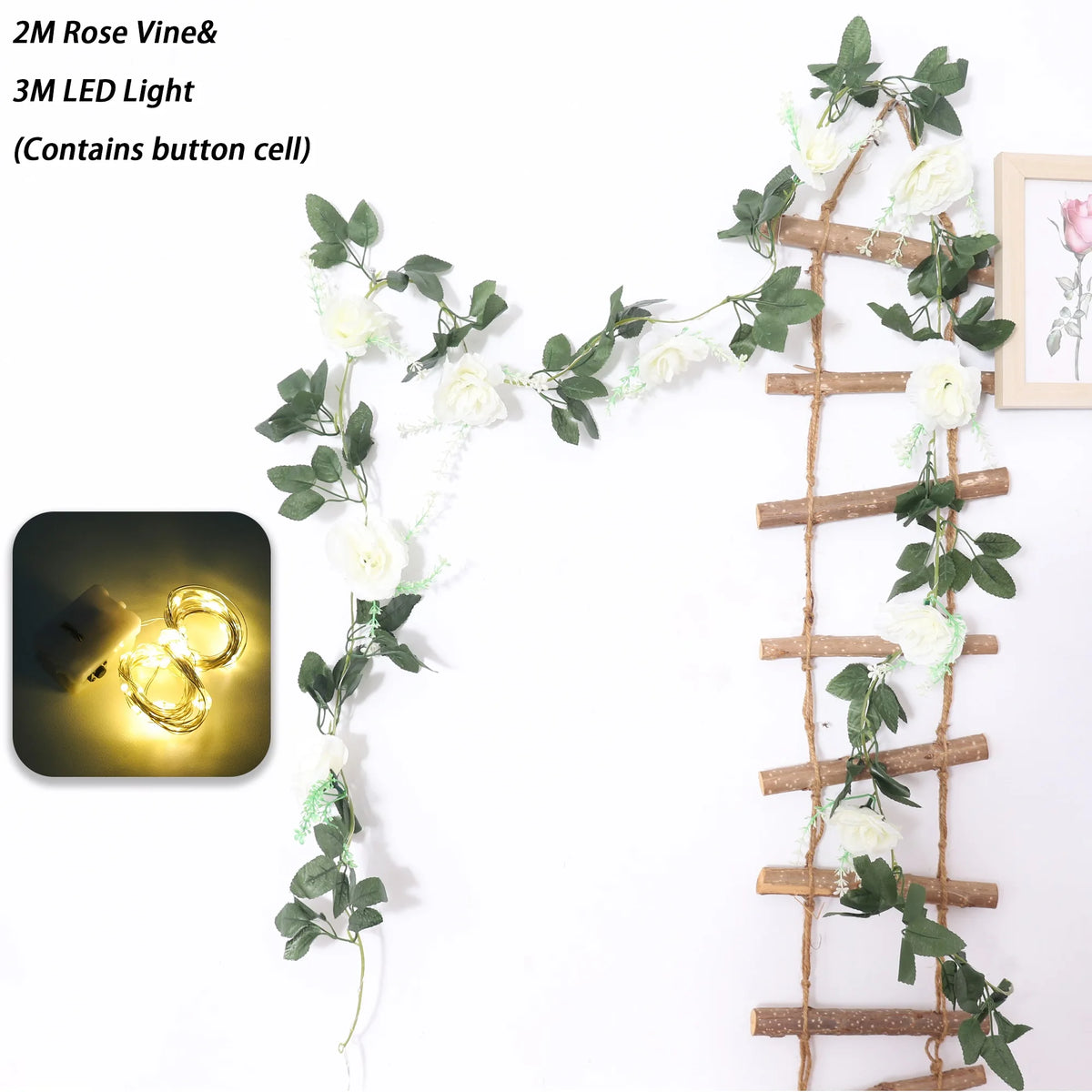 Rose LED Vine Light String – Artificial Flower Wedding Decor LED Floral Vine Light Babs White