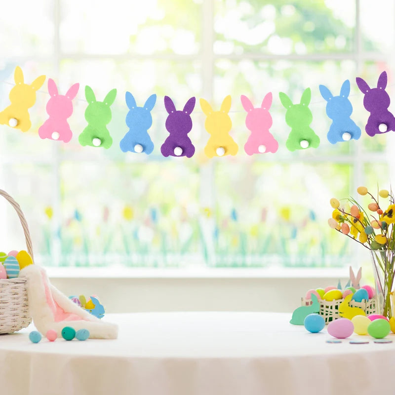 Felt Colorful Rabbit Easter Banner Garland – Party Bunting Flags Easter Party Garland Babs