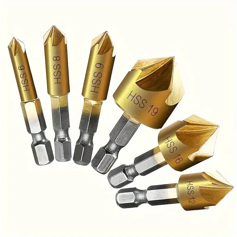 6PC Titanium HSS 5-Blade Countersink Drill Bit Set – Hex Shank Countersink Drill Bit Set Babs