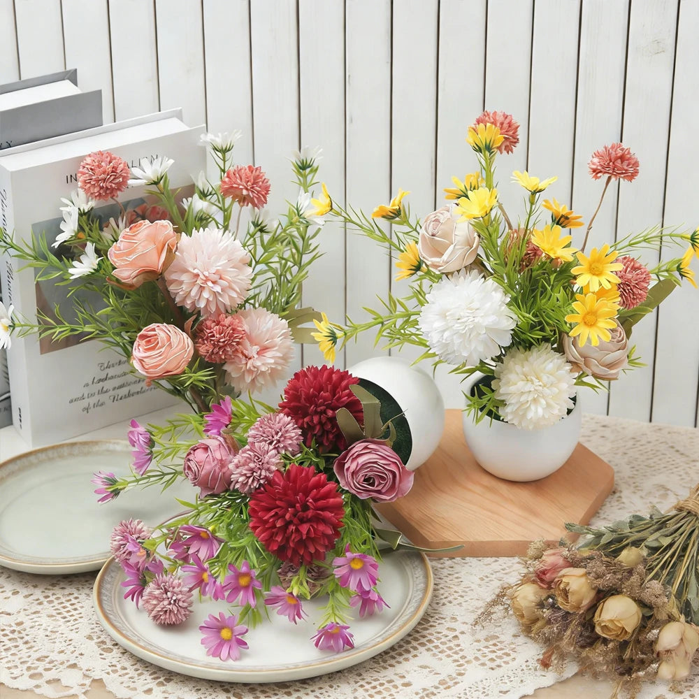Silk Artificial Potted Flowers – Rose Daisy Dandelion Bonsai Artificial Potted Flowers Babs