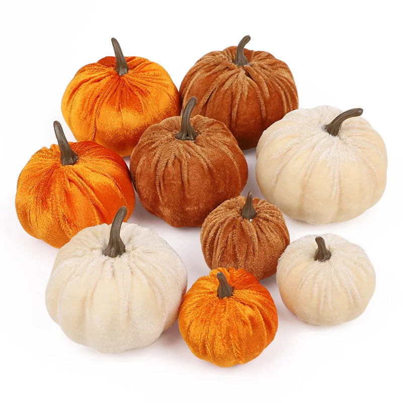 9pc Velvet Artificial Pumpkins – Fall Halloween Thanksgiving Decor Artificial Pumpkins Babs 9pcs set