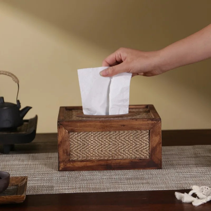 Woven Wood & Rattan Tissue Box – Vintage Napkin Holder Tissue Box Holder Babs