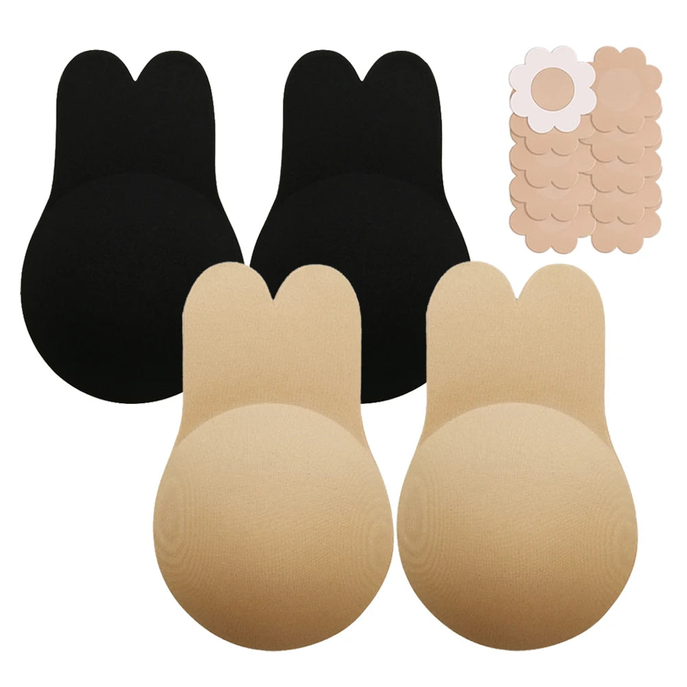 Strapless Adhesive Silicone Bra – Invisible Push-Up Nipple Cover Adhesive Silicone Bra Babs Beige Black S