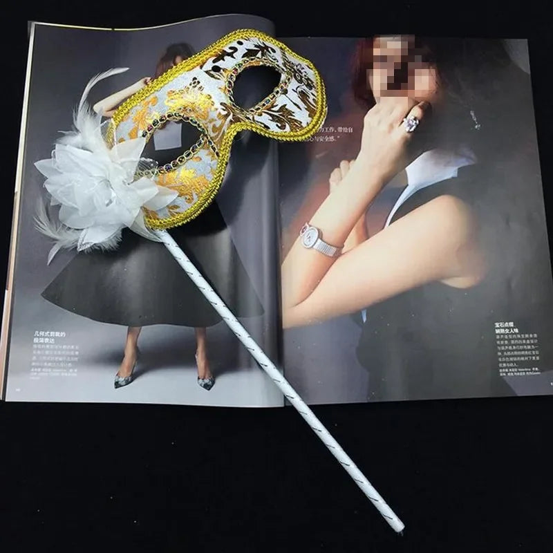 Handheld Feather Masquerade Mask on Stick – 10 Pack for Women Masquerade Mask Babs white1