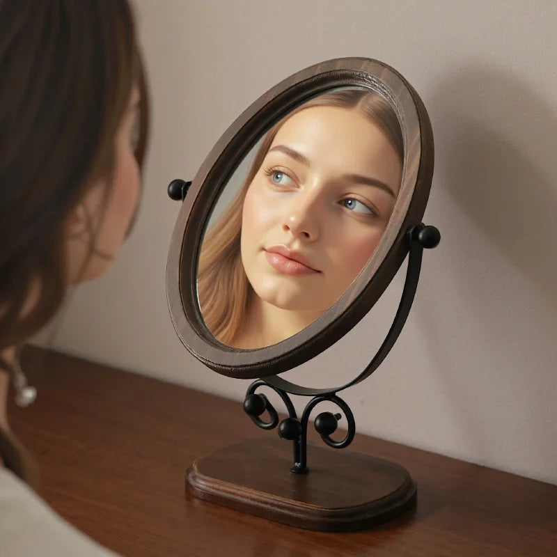 Oval Retro Makeup Mirror – HD 360° Rotating Wooden Frame Vanity Makeup Mirror Babs