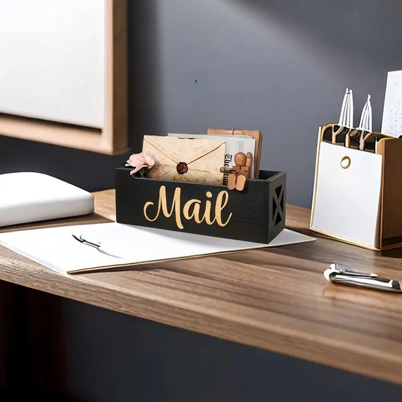 Black Wooden Desk Organizer – Wall Mount Mail & Pen Storage Desk Organizer Babs