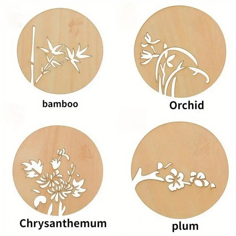 Chinese Floral Wooden Carved Coasters – Orchid, Bamboo, Chrysanthemum Wooden Cup Coasters Babs