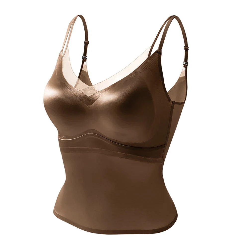 Women's Satin Crop Camisole with Built-In Bra – Backless V-Neck Satin Camisole Top Babs Coffee M