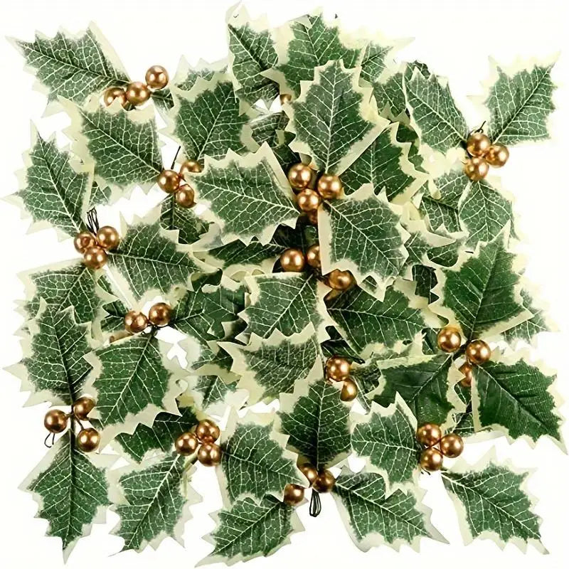 50pcs Artificial Holly Berries & Green Leaves – Christmas Decor Artificial Floral Picks Babs Golden-50pcs