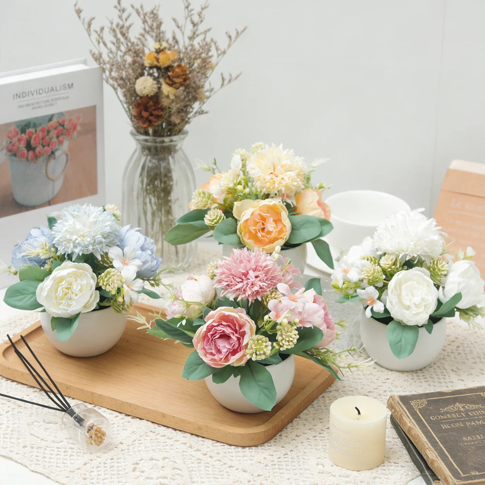 Artificial Peony Bonsai Silk Flowers Potted – Wedding Home Decor Artificial Potted Flowers Babs