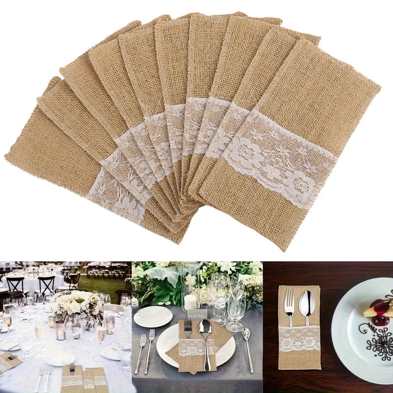 Rustic Burlap Cutlery Holder Bags | Wedding & Party Table Decor Cutlery Holder Bags Babs