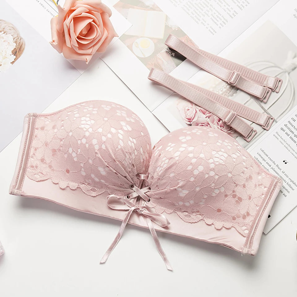 Women's Strapless Push Up Bra – Floral Embroidery Bralette Strapless Push Up Bra Babs Pink M